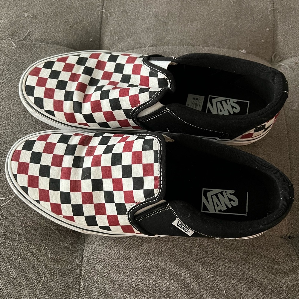 Men’s Black and Red Vans Slip Ons